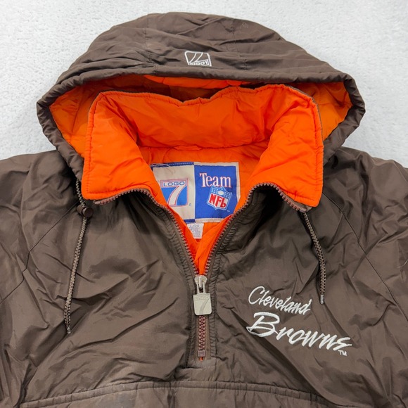 Vintage Logo 7 Cleveland Browns NFL Puffer Jacket Brown Orange Mens Large 90s - Picture 2 of 9